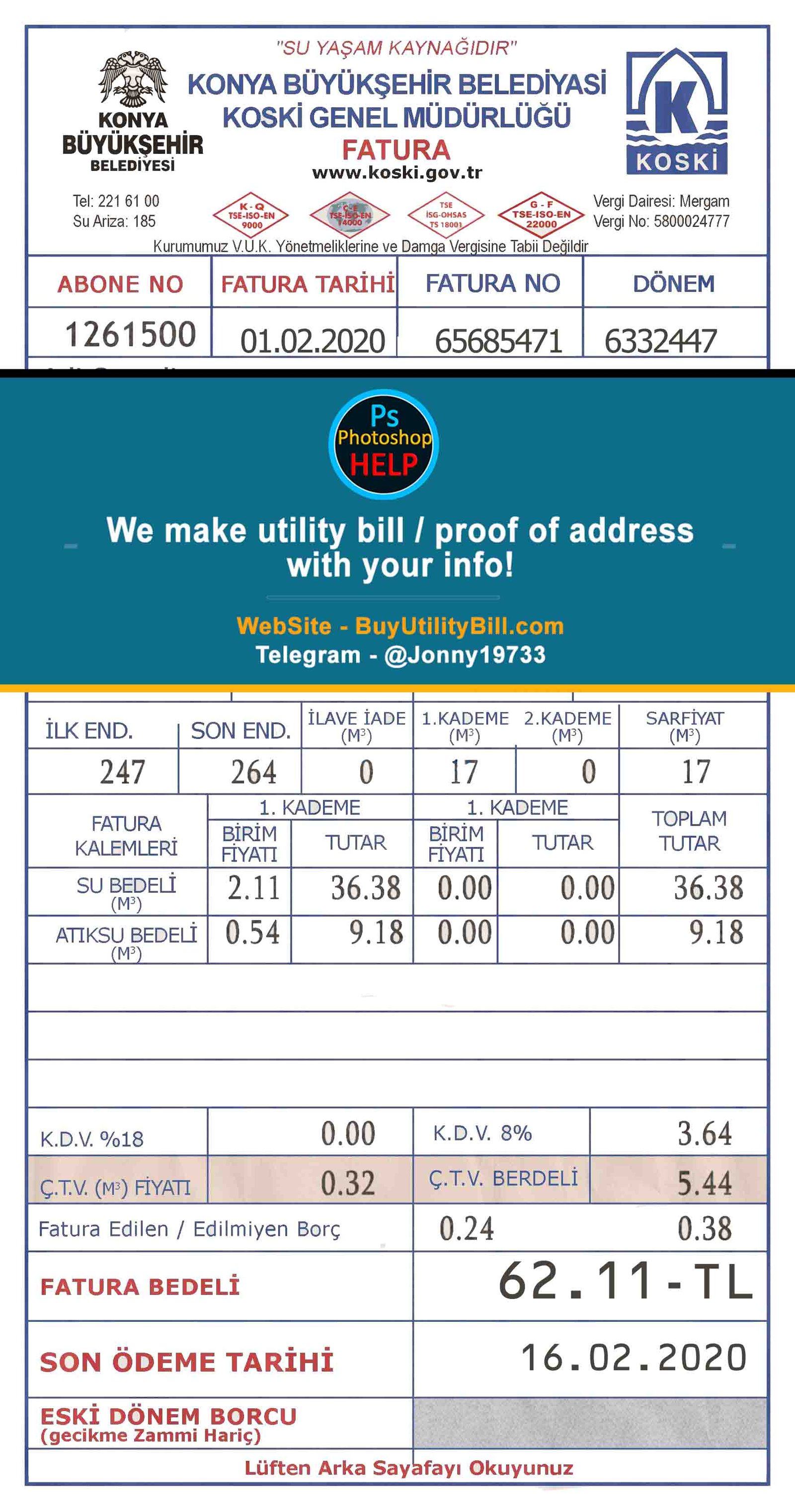 Turkey Fake Utility Bill Fake Utility bill